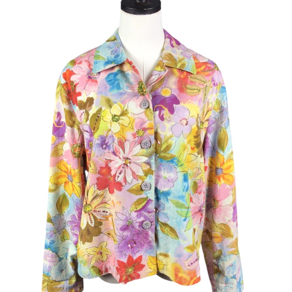 Lifestyle Floral Button Up Watercolor Jacket Large Embellished Sequins Beads